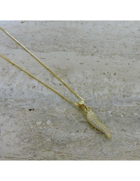 Halskette mit Glückshorn aus Vergoldetem Sterlingsilber und Weißen Zirkonen