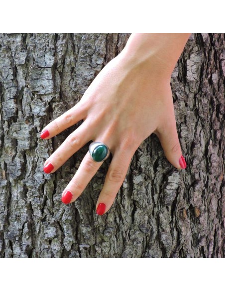 Brushed 925 Sterling Silver Ring with Green Oval Stone