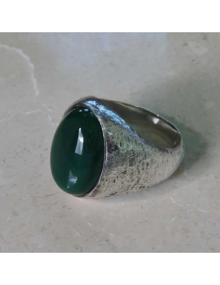 Brushed 925 Sterling Silver Ring with Green Oval Stone