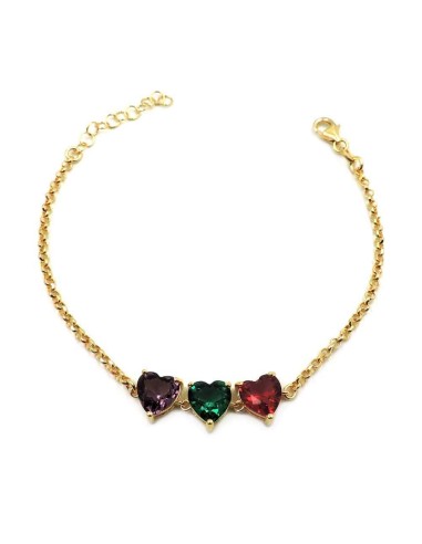Bracciale Tre Cuori in Argento Placcato Oro e Zirconi Colorati