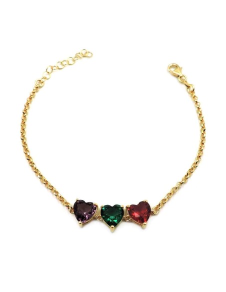 Bracciale Tre Cuori in Argento Placcato Oro e Zirconi Colorati