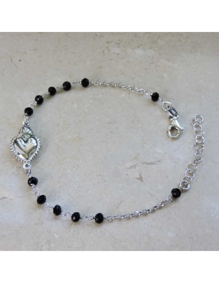 Bracciale Rosario con Sacro Cuore in Argento e Zirconi Neri
