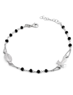 Sterling Silver Tau Cross Rosary Bracelet with Black Zircons