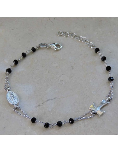 Sterling Silver Tau Cross Rosary Bracelet with Black Zircons
