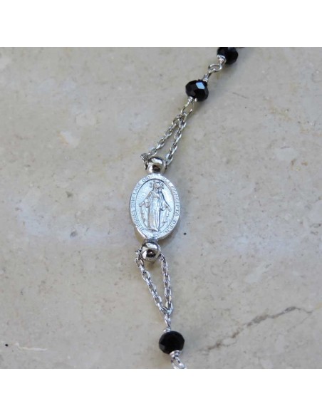 Sterling Silver Tau Cross Rosary Bracelet with Black Zircons