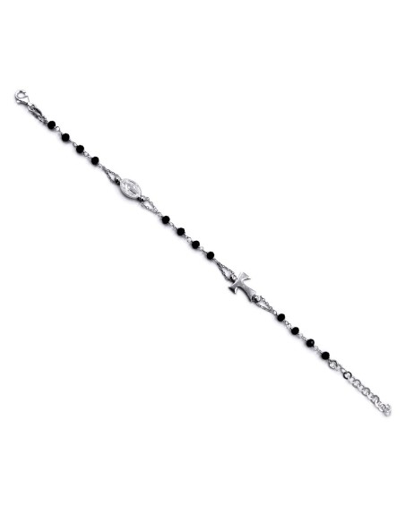 Sterling Silver Tau Cross Rosary Bracelet with Black Zircons
