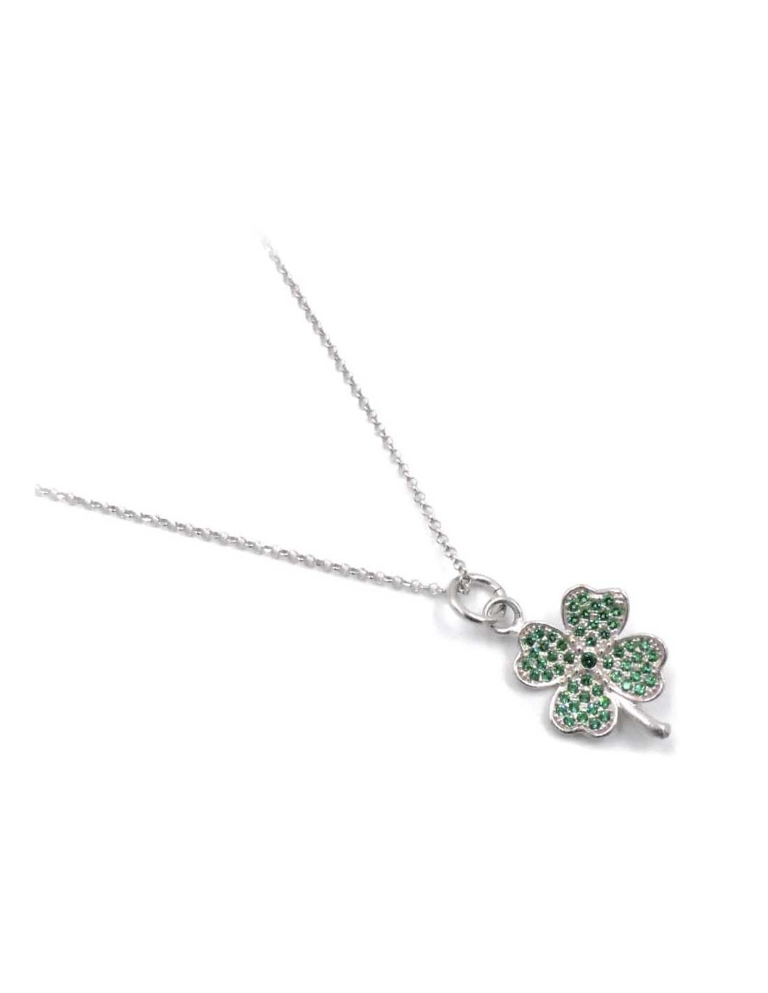 Silver Necklace Four Leaf Clover Green Zircons