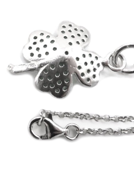 925 Sterling Silver Four Leaf Clover Necklace with Green Zircons