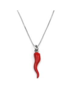 Sterling Silver Necklace with Red Enamelled Lucky Horn Pendant 