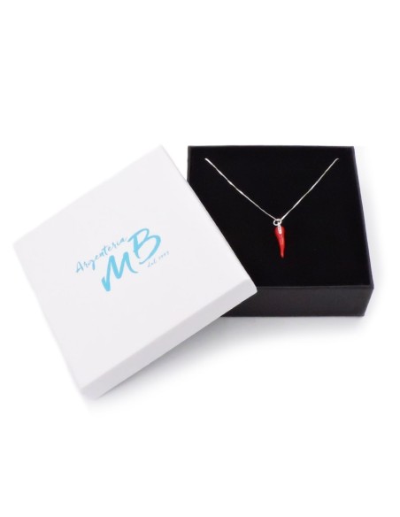 Sterling Silver Necklace with Red Enamelled Lucky Horn Pendant 