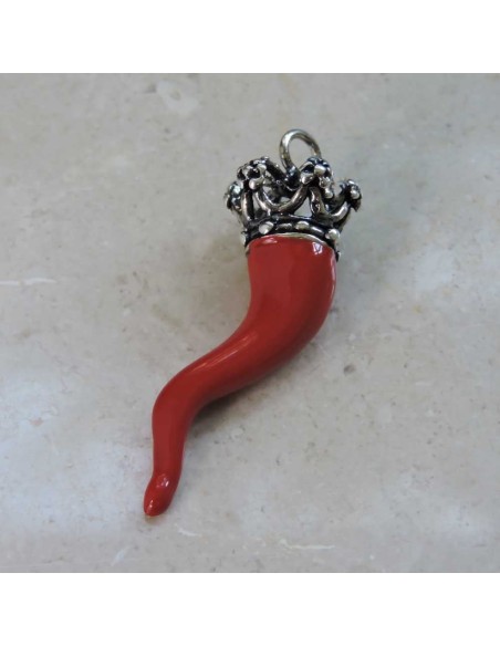 Red Enamelled Solid Silver Crowned Lucky Horn Pendant 