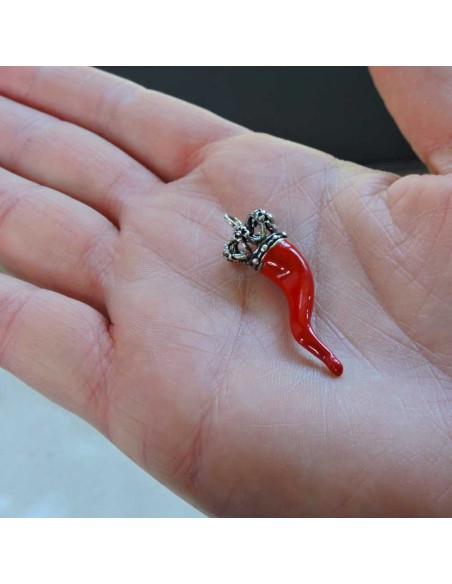 Ciondolo Corno Portafortuna con Corona in Argento Smaltato Rosso
