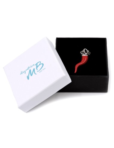 Red Enamelled Solid Silver Crowned Lucky Horn...