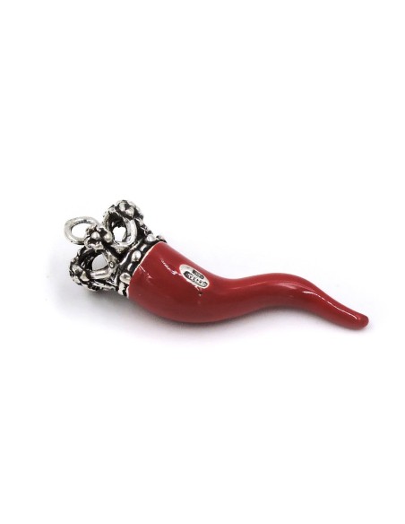 Red Enamelled Solid Silver Crowned Lucky Horn Pendant 
