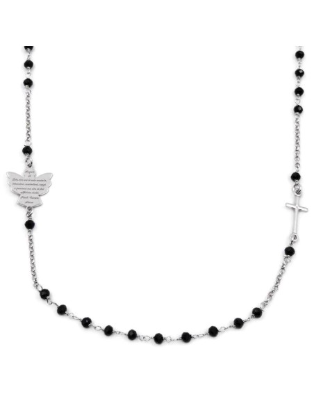 Collana Girocollo Rosario con Angelo di Dio in Argento 925 e Zirconi Neri 