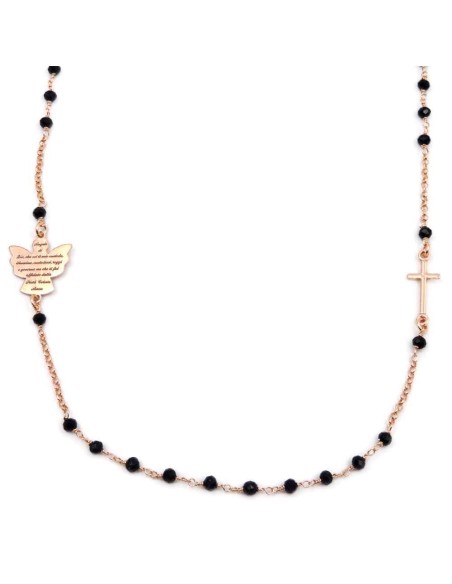 Collana Girocollo Rosario con Angelo di Dio in Argento 925 e Zirconi Neri 