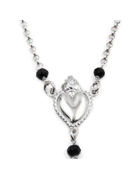 925 Sterling Silver Holy Heart Rosary Necklace with Black Zircons by Damiano Argenti