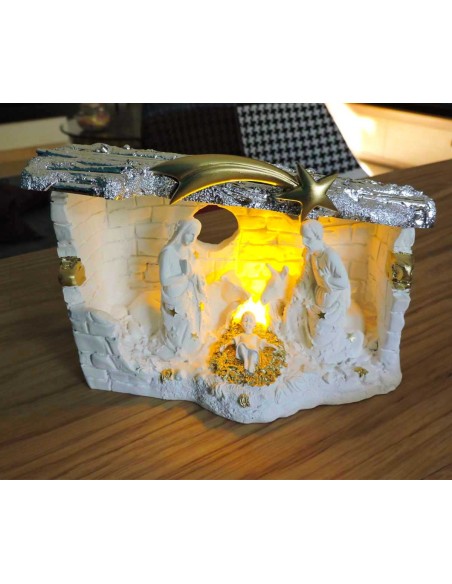 Nativity Scene White Resin Sculpture with LED
