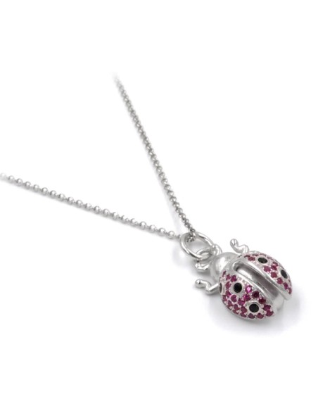 Collana con Ciondolo Coccinella in Argento 925 e Zirconi Rossi e Neri