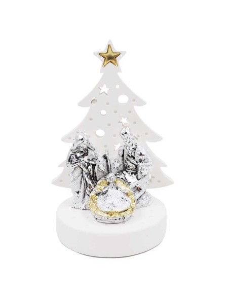 Presepe con Albero di Natale in Resina Bianca e Argentata 