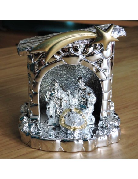 Nativity Scene Silver Plated Resin with LED Light
