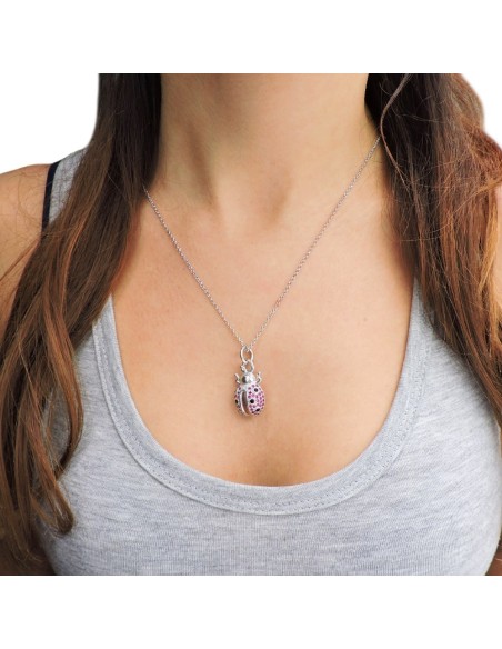 Collana con Ciondolo Coccinella in Argento 925 e Zirconi Rossi e Neri