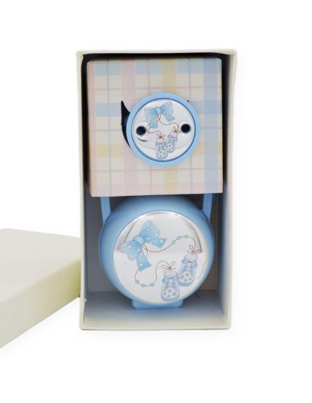 Pacifier Clip Set with Blue Box Bow Decoration with Shoes