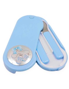 Kinderbesteckset mit blauem Schleifenetui und Babyschuhen 2