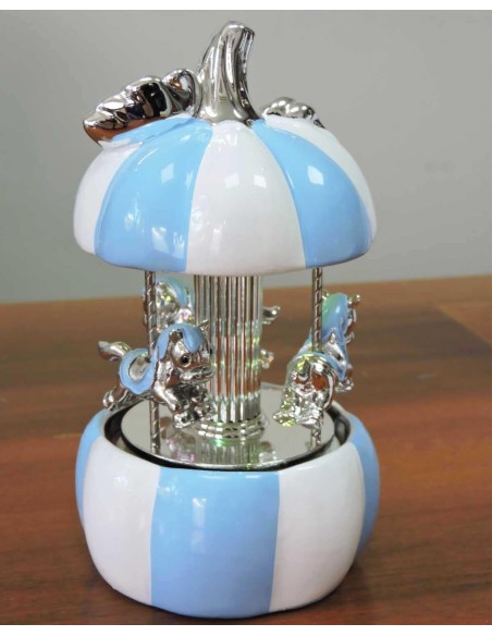 White and Blue Ceramic Carousel Music Box with Horses