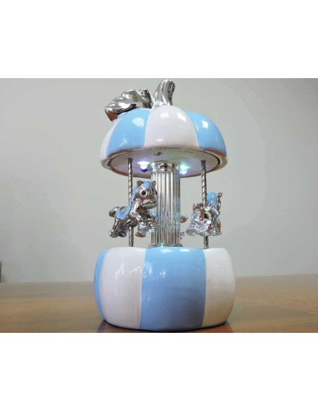 White and Blue Ceramic Carousel Music Box with Horses