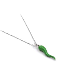 Sterling Silver Necklace with Green Enamelled Lucky Horn Pendant 