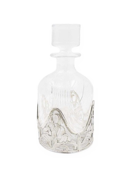 Kristall-Likörflasche mit Blumenmotiv auf silbernem Boden