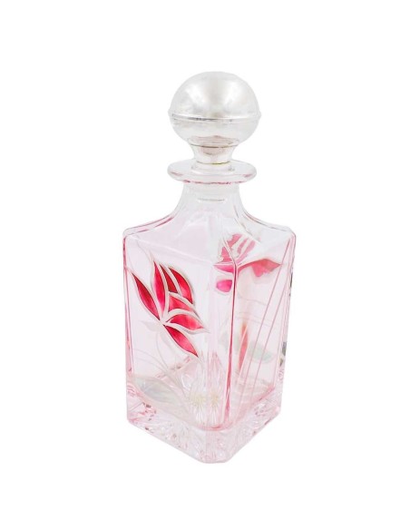 Colored Hand Cut Crystal Bottle with Rose Decoration and Silver Cap
