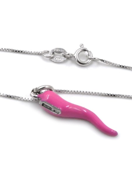 Sterling Silver Necklace with Pink Enamelled Lucky Horn Pendant 