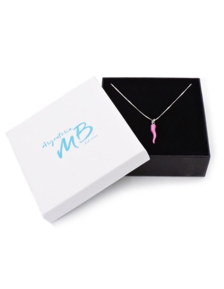 Sterling Silver Necklace with Pink Enamelled Lucky Horn Pendant 