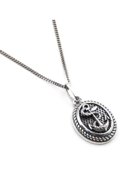 Men's Sterling Silver Curb Necklace with Oval Anchor Pendant