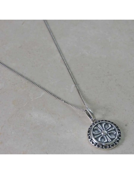 Men's Sterling Silver Curb Necklace with Round Cross Pendant