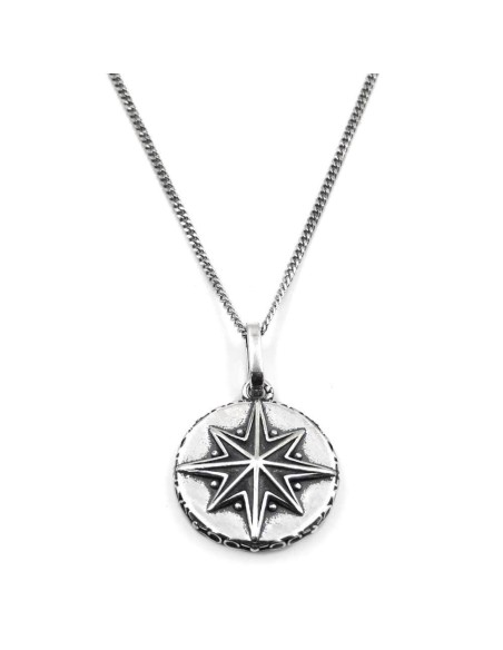 Men's Sterling Silver Curb Necklace with Wind Rose Round Pendant