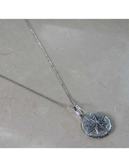 Men's Sterling Silver Curb Necklace with Wind Rose Round Pendant