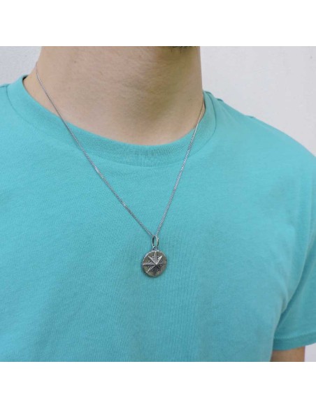 Men's Sterling Silver Curb Necklace with Wind Rose Round Pendant
