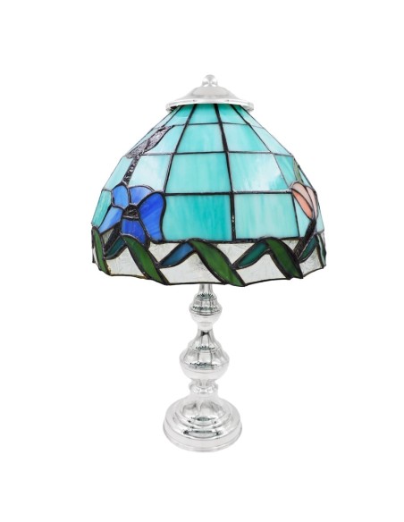 Tiffany Lamp with Silver Base and Turquoise Glass Lampshade