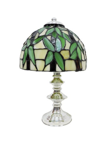 Lampada Tiffany in Argento con Paralume Verde in Vetro Decorato 