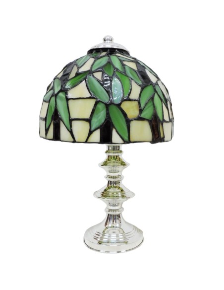 Tiffany-Lampe mit Silbernem Sockel und Grünem Glaslampenschirm