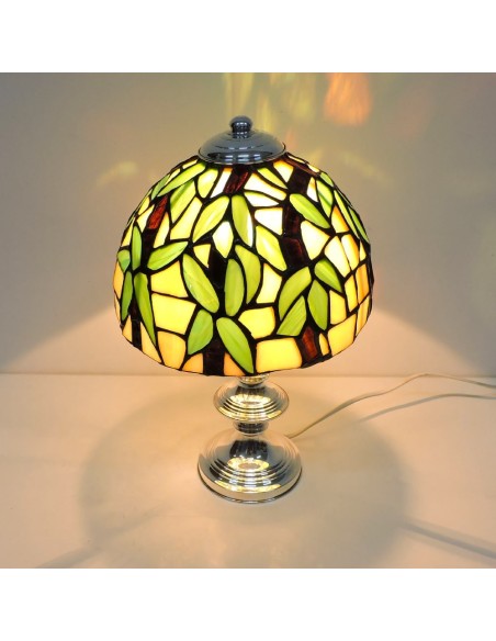 Tiffany-Lampe mit Silbernem Sockel und Grünem Glaslampenschirm