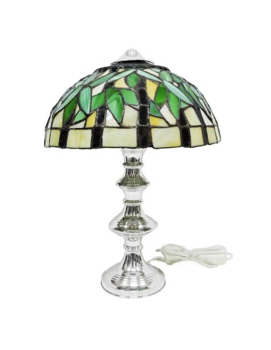 Lampada in Argento con Paralume Verde in Vetro Stile Tiffany