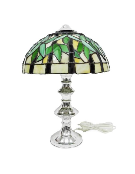 Silberne Lampe mit Grünem Glaslampenschirm im Tiffany-Stil