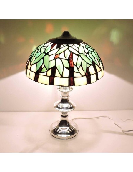 Silver Lamp with Green Tiffany Style Glass Lampshade