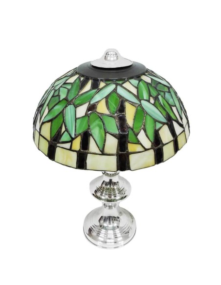 Lampada in Argento con Paralume Verde in Vetro Stile Tiffany