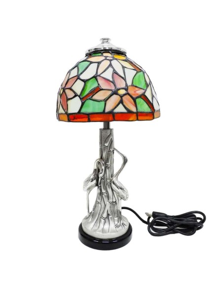 Lampe mit Reihern in Silber und Glaslampenschirm im Tiffany-Stil