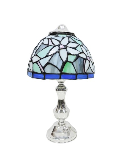 Silberne Tischlampe mit farbigem Glaslampenschirm im Tiffany-Stil